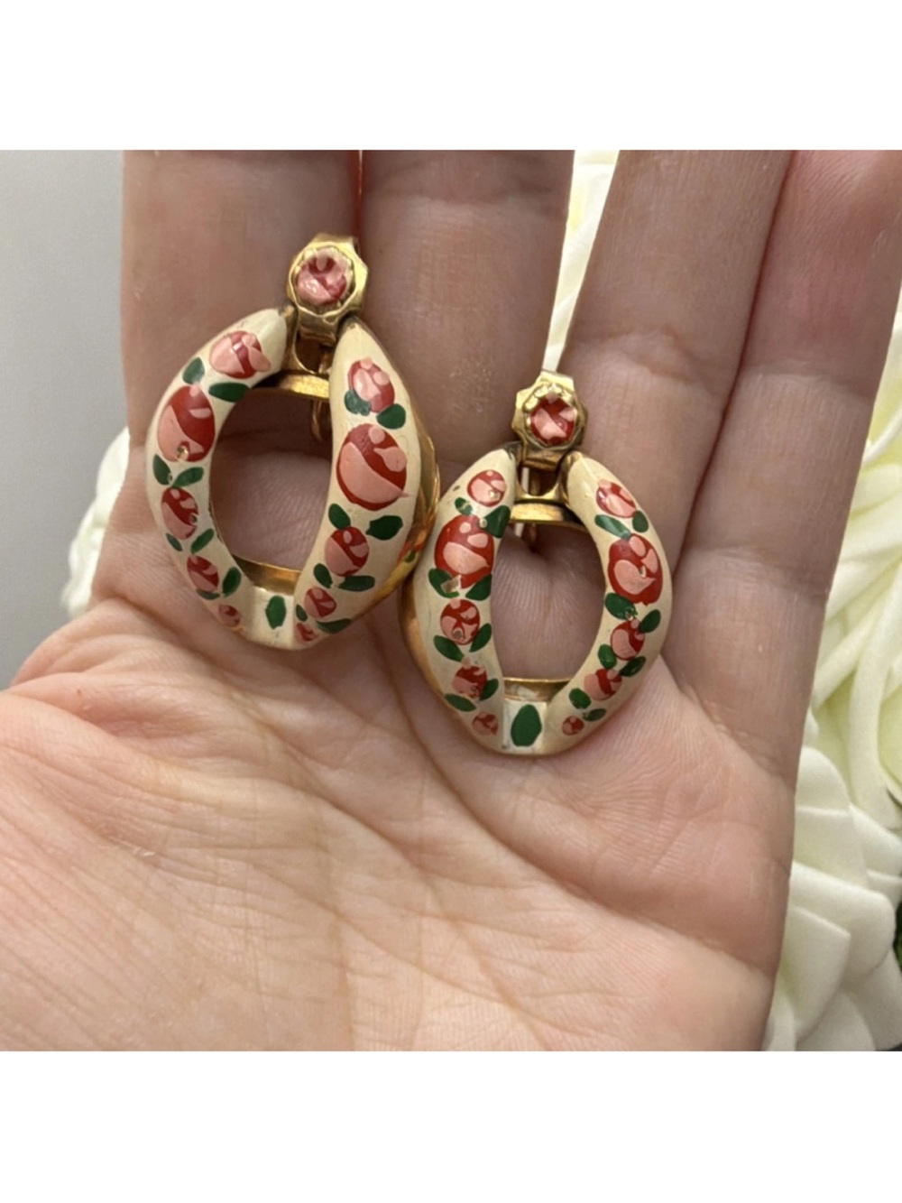 Floral Hoop Drop Earrings - Cream and Pink
